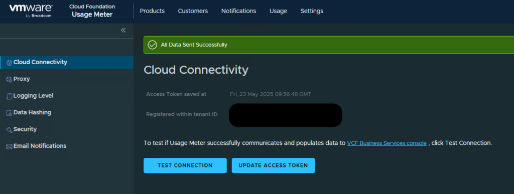 Usage Meter v9 working connectivity to Broadcom environment