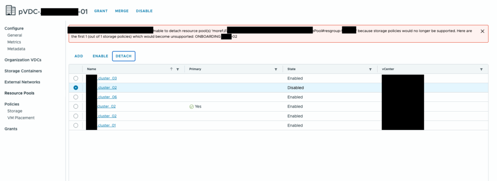 Detaching Resource Pool in VMware Cloud Director (VCD) failed