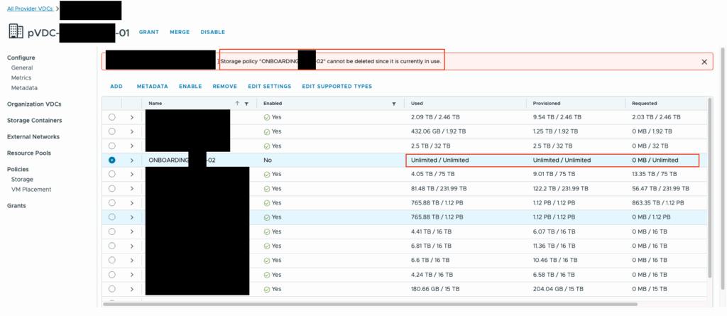 Error while removing Storage Policy from a pVDC