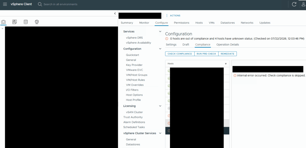 vSphere Configuration compliance showing four hosts with unknown status and an internal error.