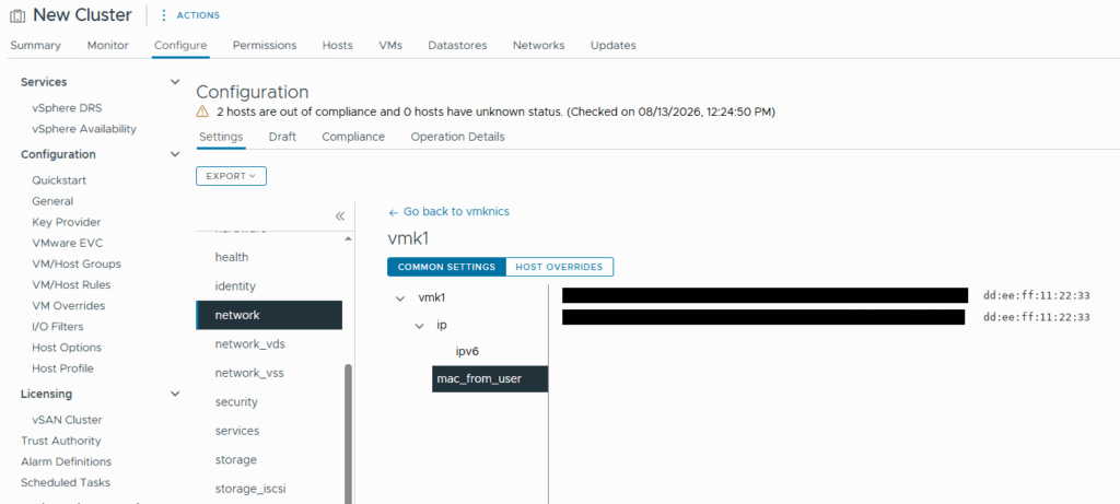 Two hosts in the Configuration Profile sharing the same mac_from_user value on vmk1.